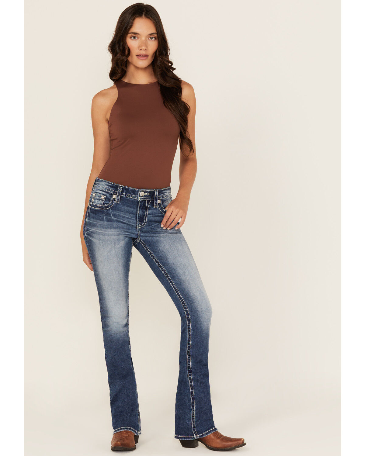 Miss Me Women's Medium Wash Mid Rise Winged Pocket Bootcut Stretch Denim Jeans