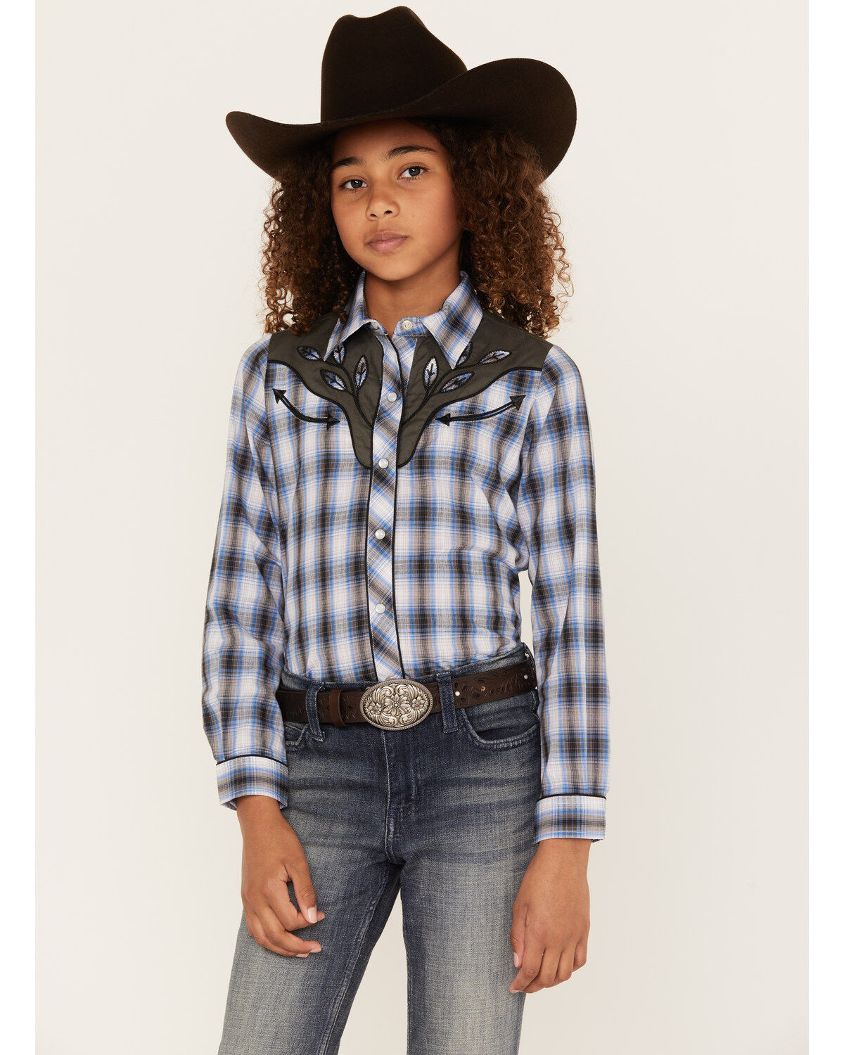 Roper Girls' Plaid Print Embroidered Yoke Long Sleeve Pearl Snap Western Shirt