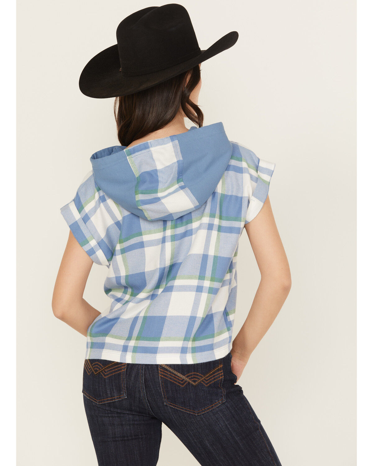 Cleo + Wolf Women's Electra Plaid Print Short Sleeve Button-Down Hooded Shirt