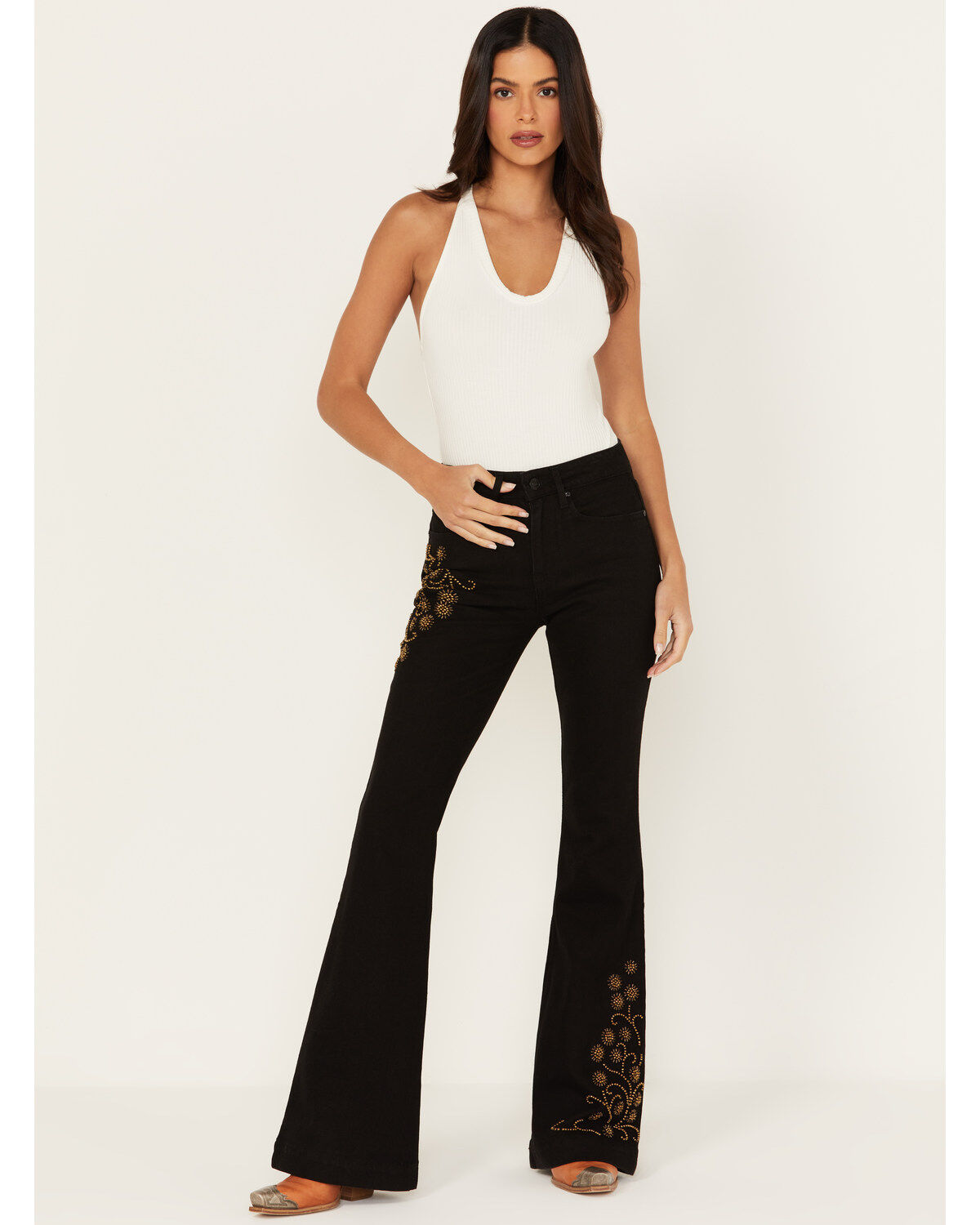 Shyanne Women's Sand Palm High Rise Embellished Flare Jeans