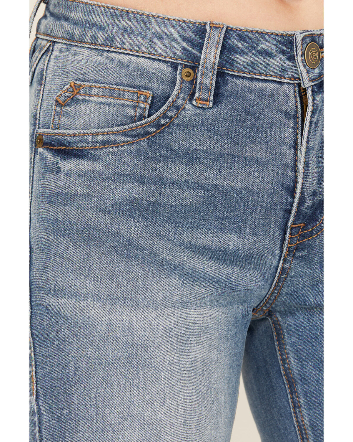 Rock & Roll Denim Women's Medium Wash Mid Rise Distressed Bootcut Stretch Denim Jeans