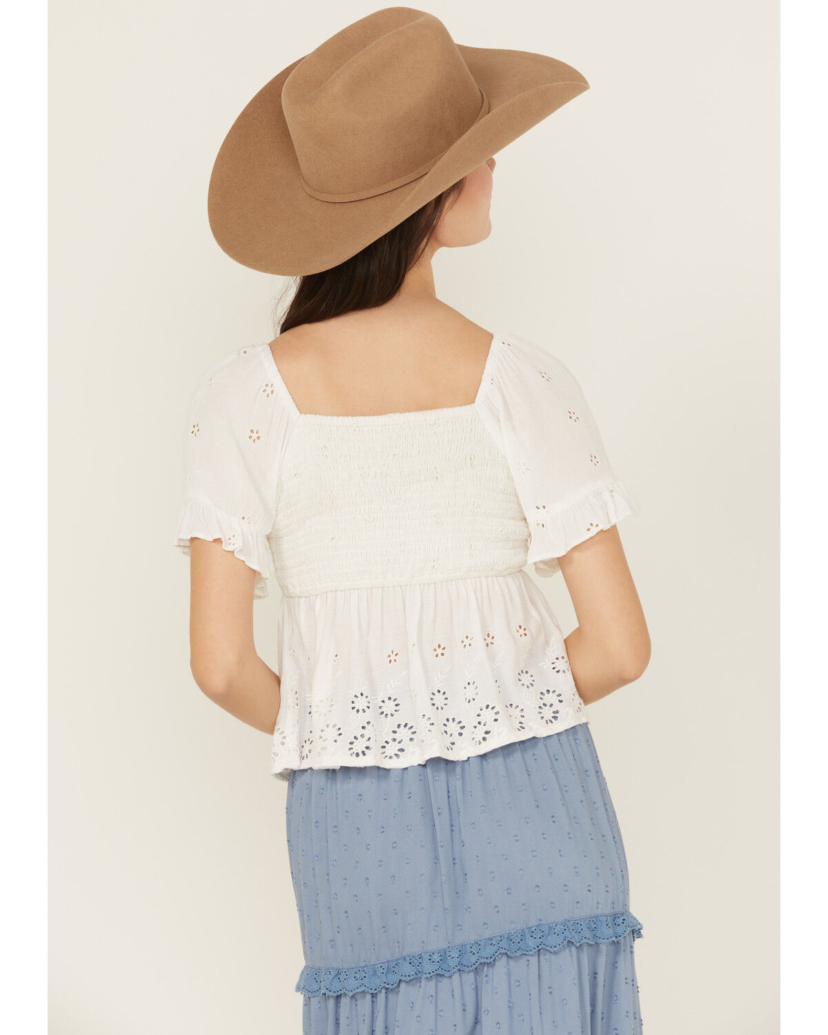 Angie Women's Eyelet Short Puff Sleeve Shirt