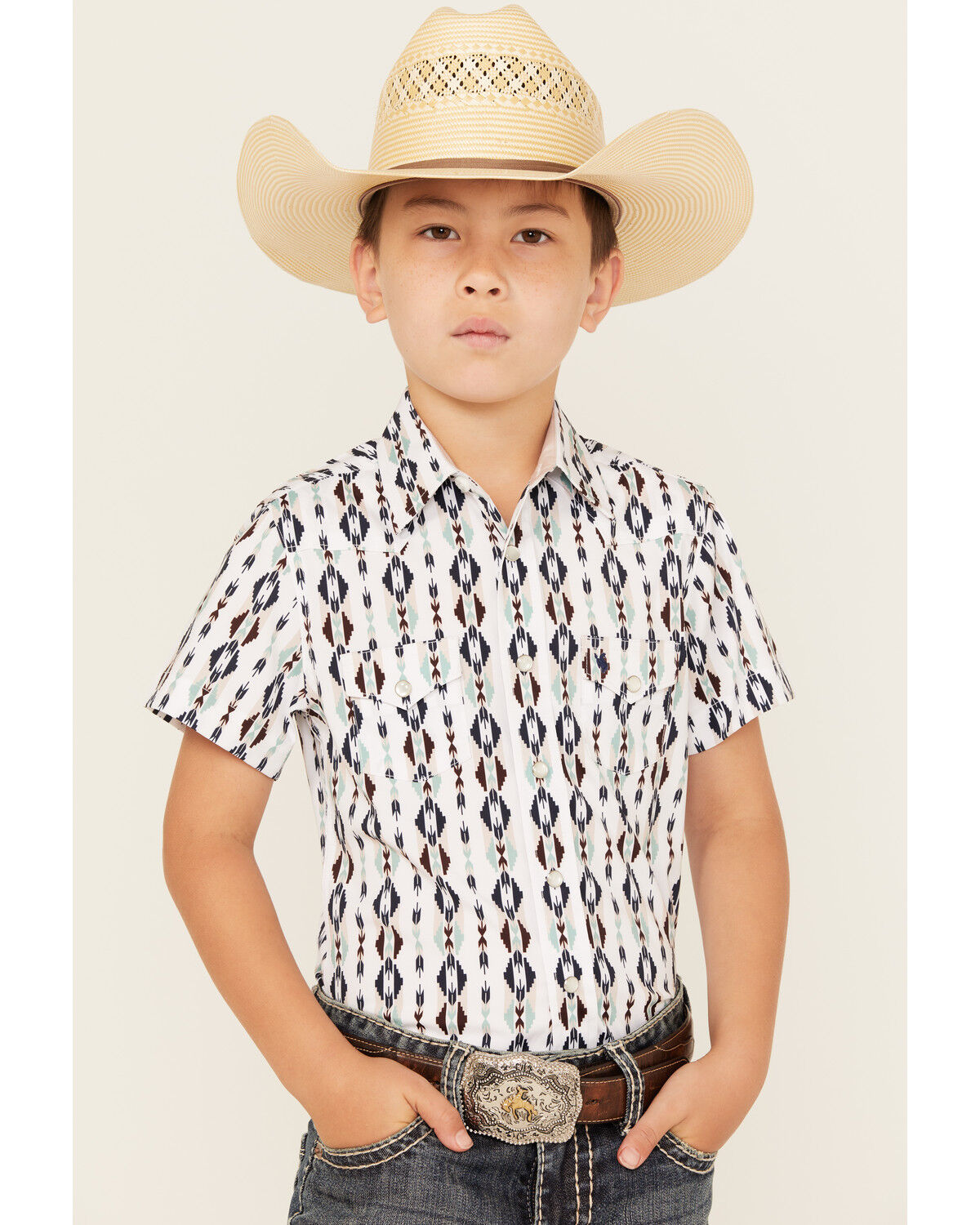 Avalon Boys' Southwestern Print Short Sleeve Snap Western Shirt