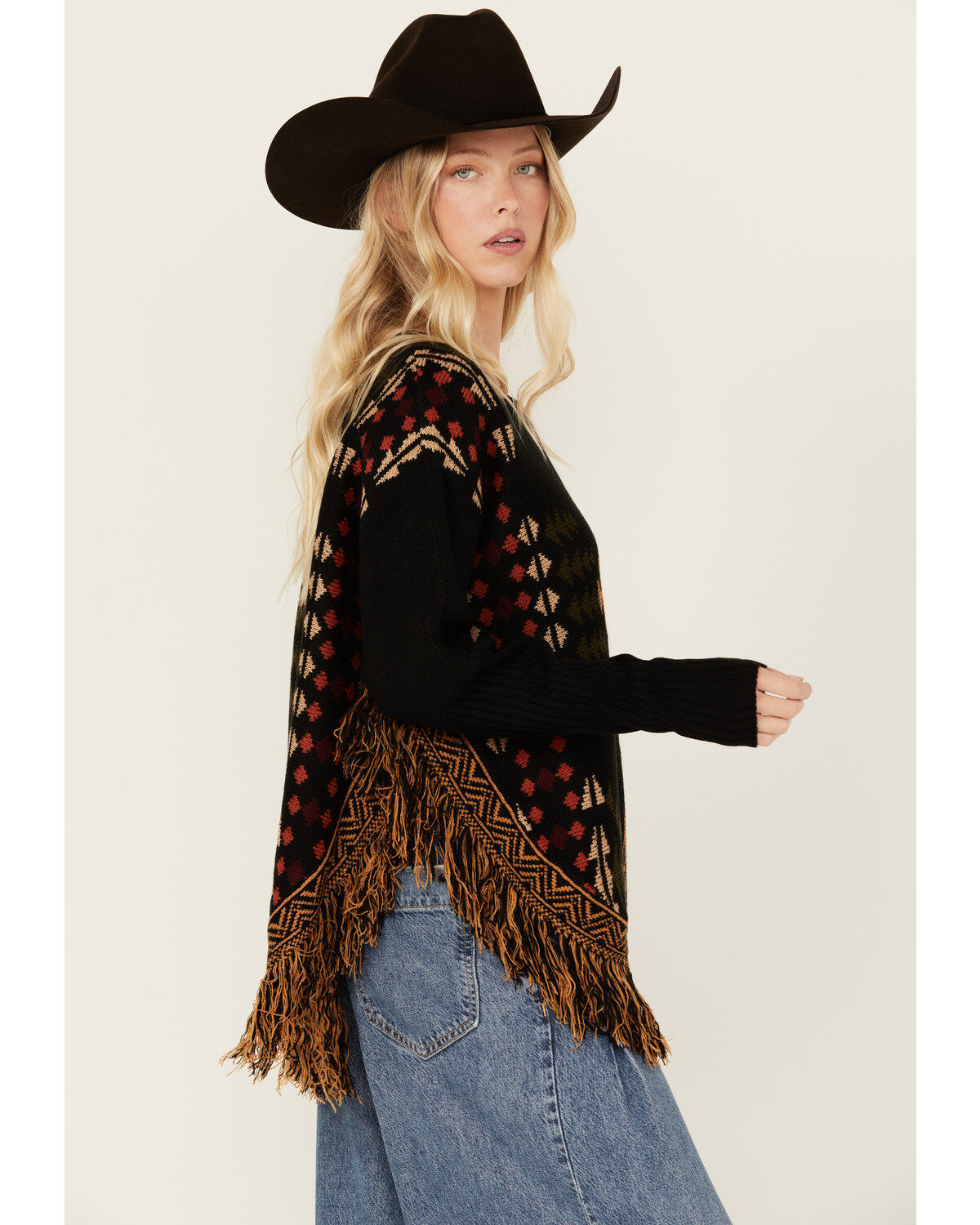 Cotton & Rye Women's Southwestern Fringe Pancho Sweater