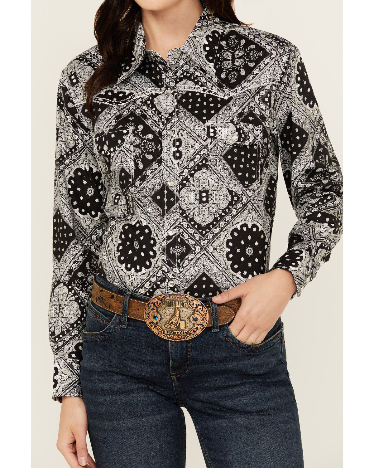 Cowgirl Hardware Women's Bandana Print Long Sleeve Snap Western Shirt