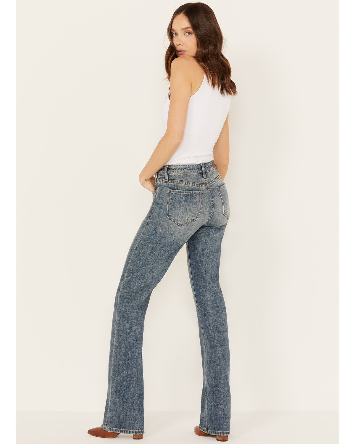 Rock & Roll Denim Women's Medium Wash High Rise Yoke Pocket Vintage Bootcut Jeans