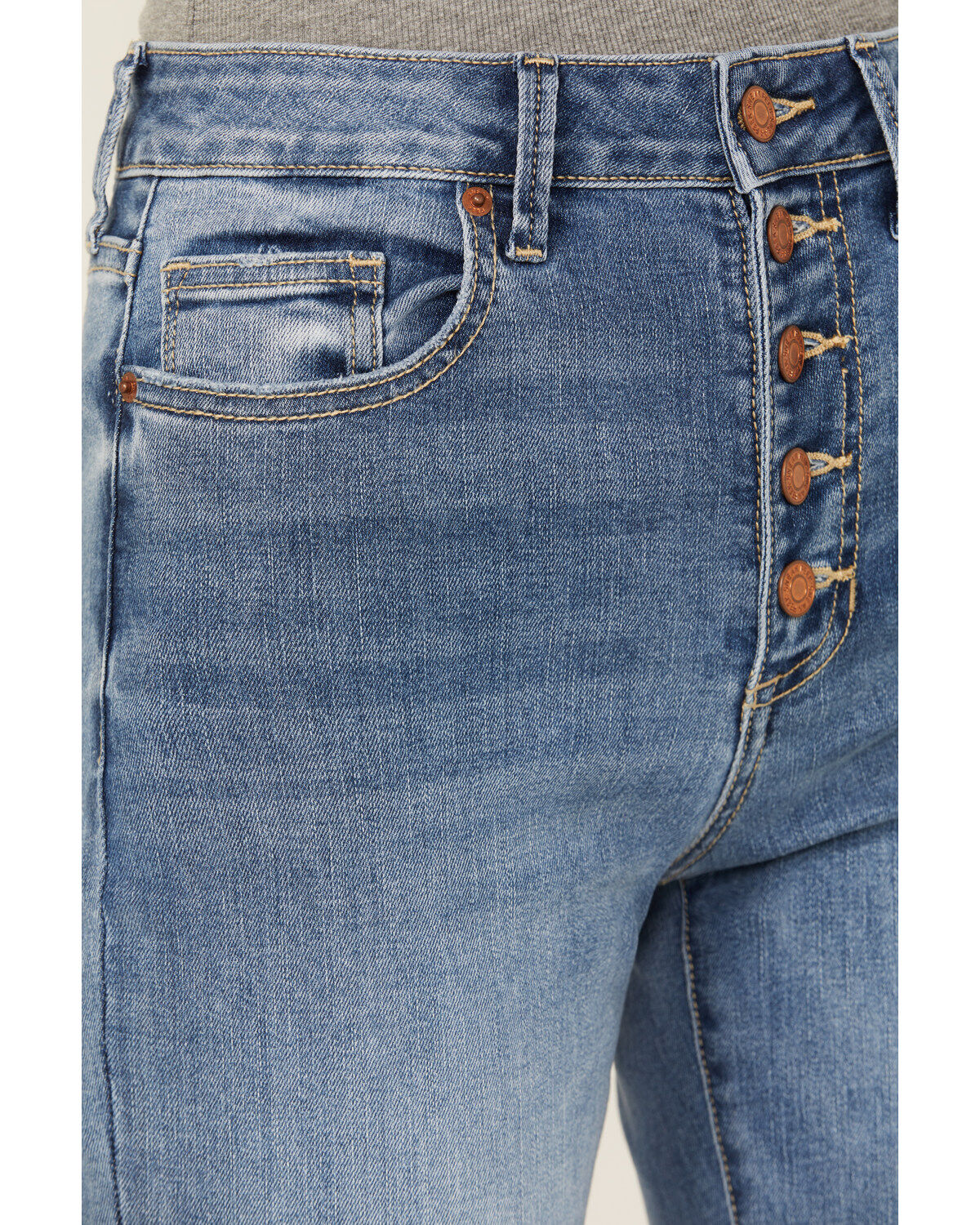 Sneak Peek Women's Medium Wash High Rise Exposed Button-Fly Stretch Bootcut Jeans