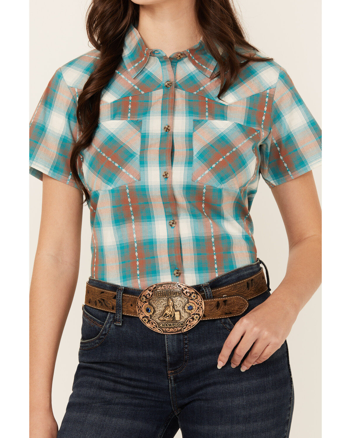 Shyanne Women's Plaid Print Short Sleeve Button-Down Stretch Western Shirt