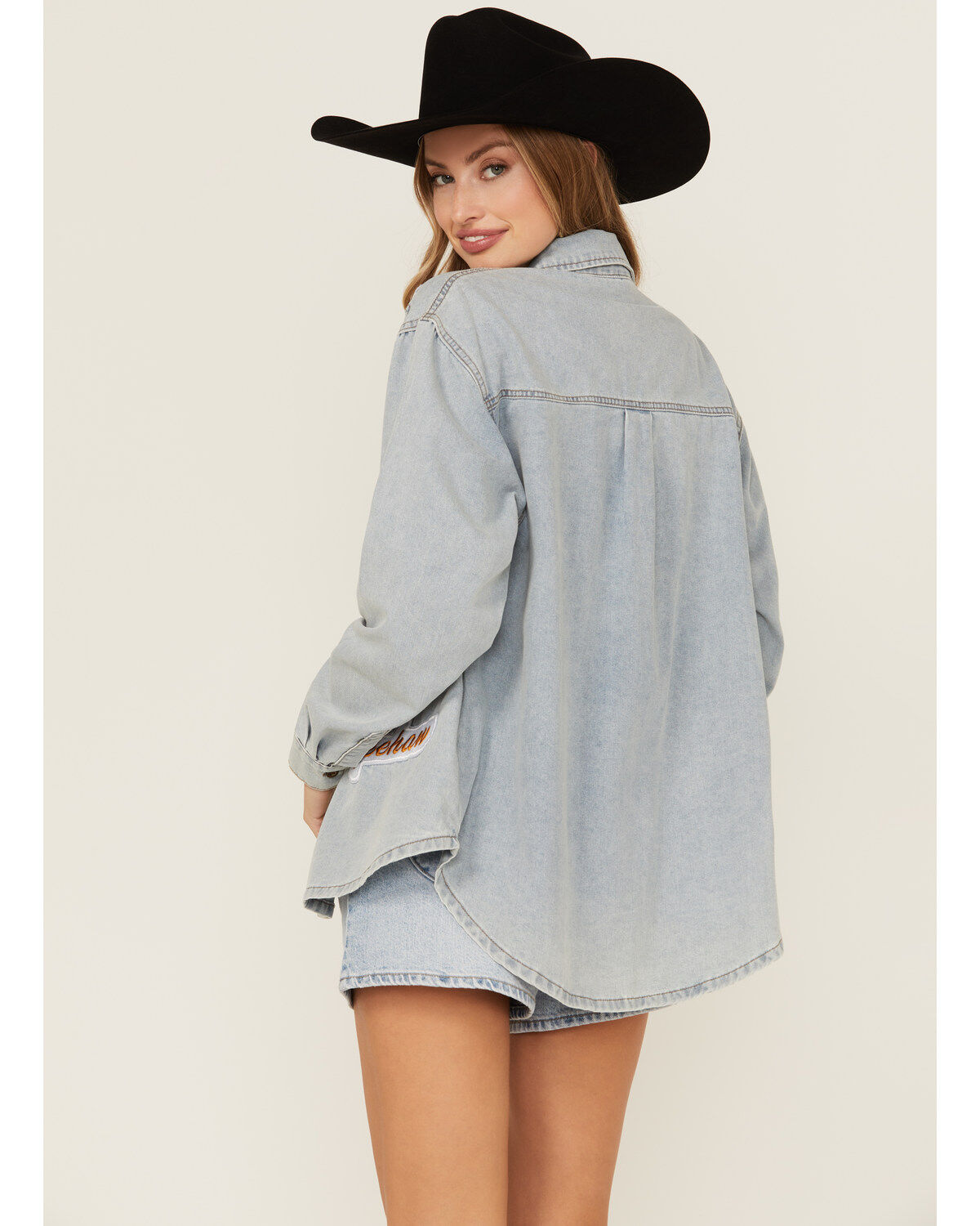 Blue B Women's Light Wash Denim Western Patchwork Long Sleeve Button-Down Western Shirt