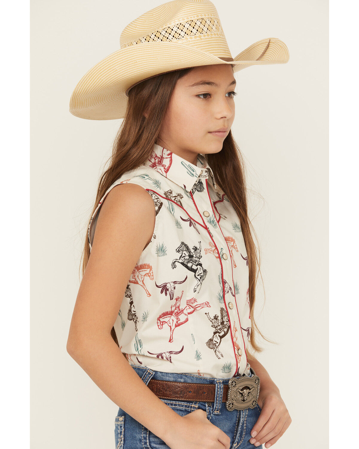 Rock & Roll Denim Girls' Conversation Print Sleeveless Snap Stretch Western Shirt