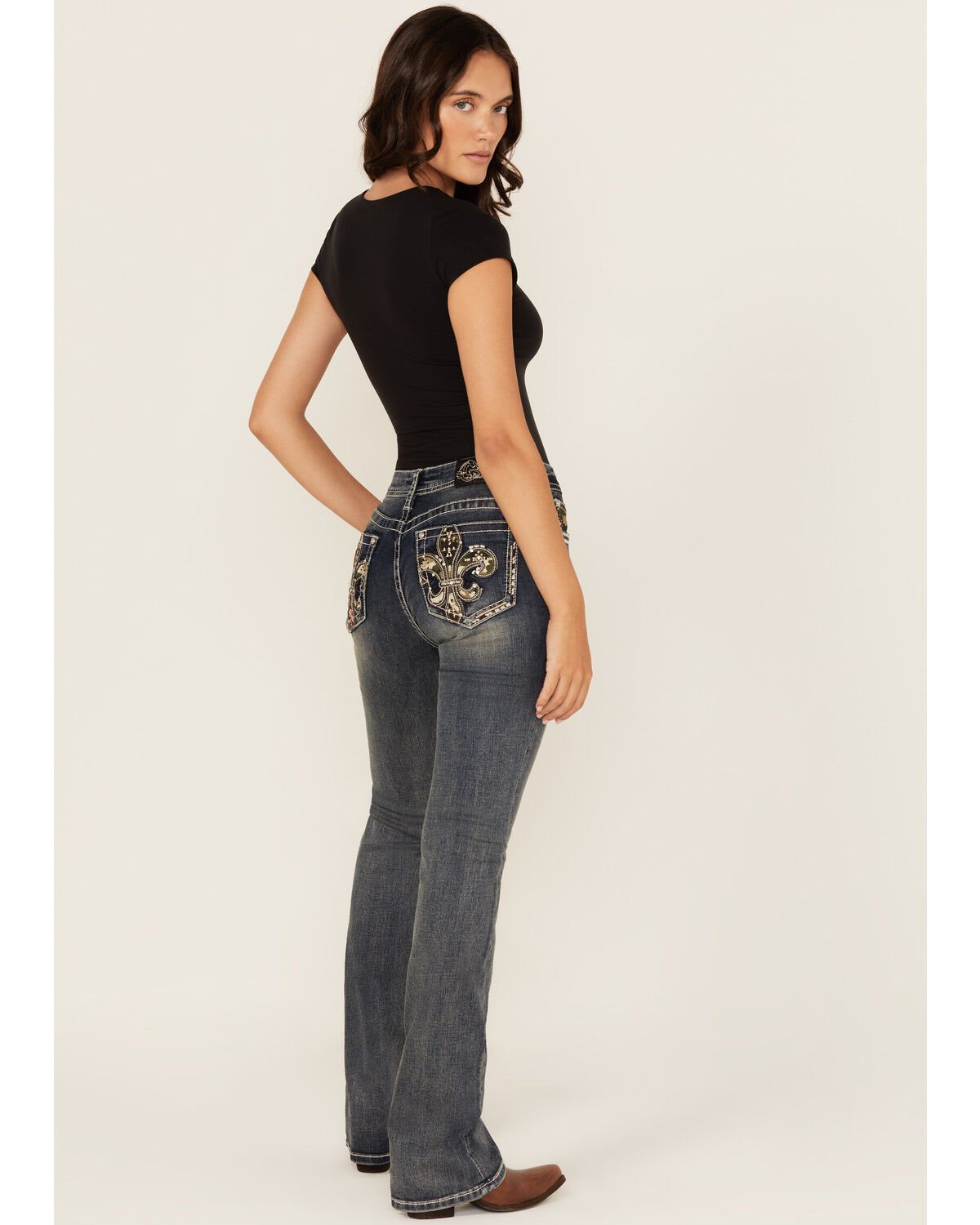 Grace In LA Women's Medium Wash Camo Fleur De Lis Embroidered Mid Rise Bootcut Stretch Denim Jeans