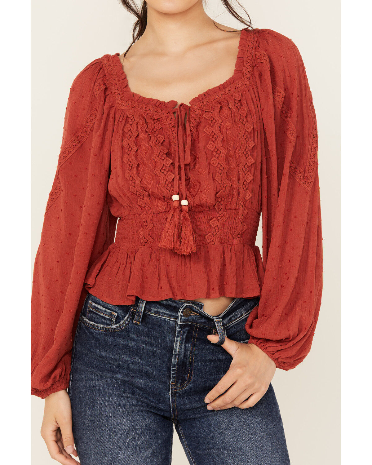 Miss Me Women's Embroidered Long Sleeve Peasant Top