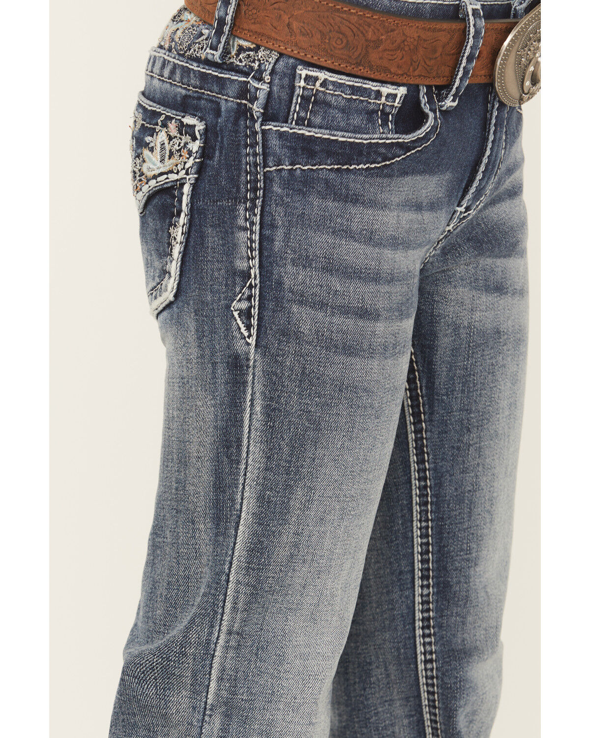 Grace in LA Girls' Medium Wash Floral Embroidered Bootcut Stretch Denim Jeans