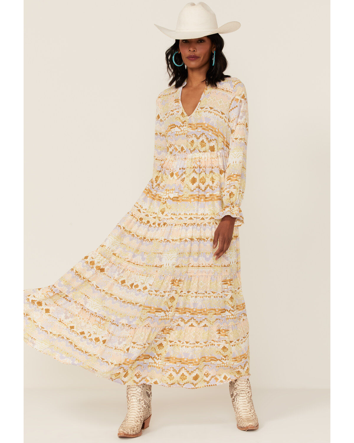 Shyanne Women's Watercolor Southwestern Long Sleeve Maxi Dress