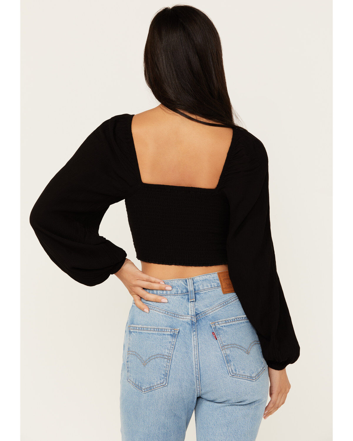 Shyanne Women's Embroidered Mesh Dot Poet Sleeve Crop Top