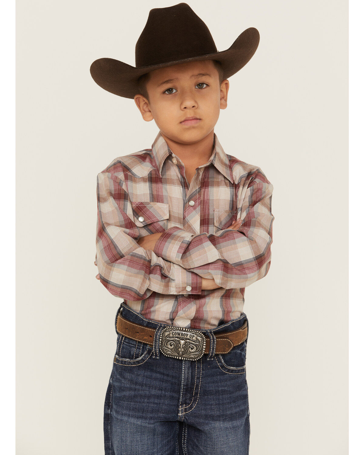 Roper Boys' Plaid Print Long Sleeve Pearl Snap Western Shirt