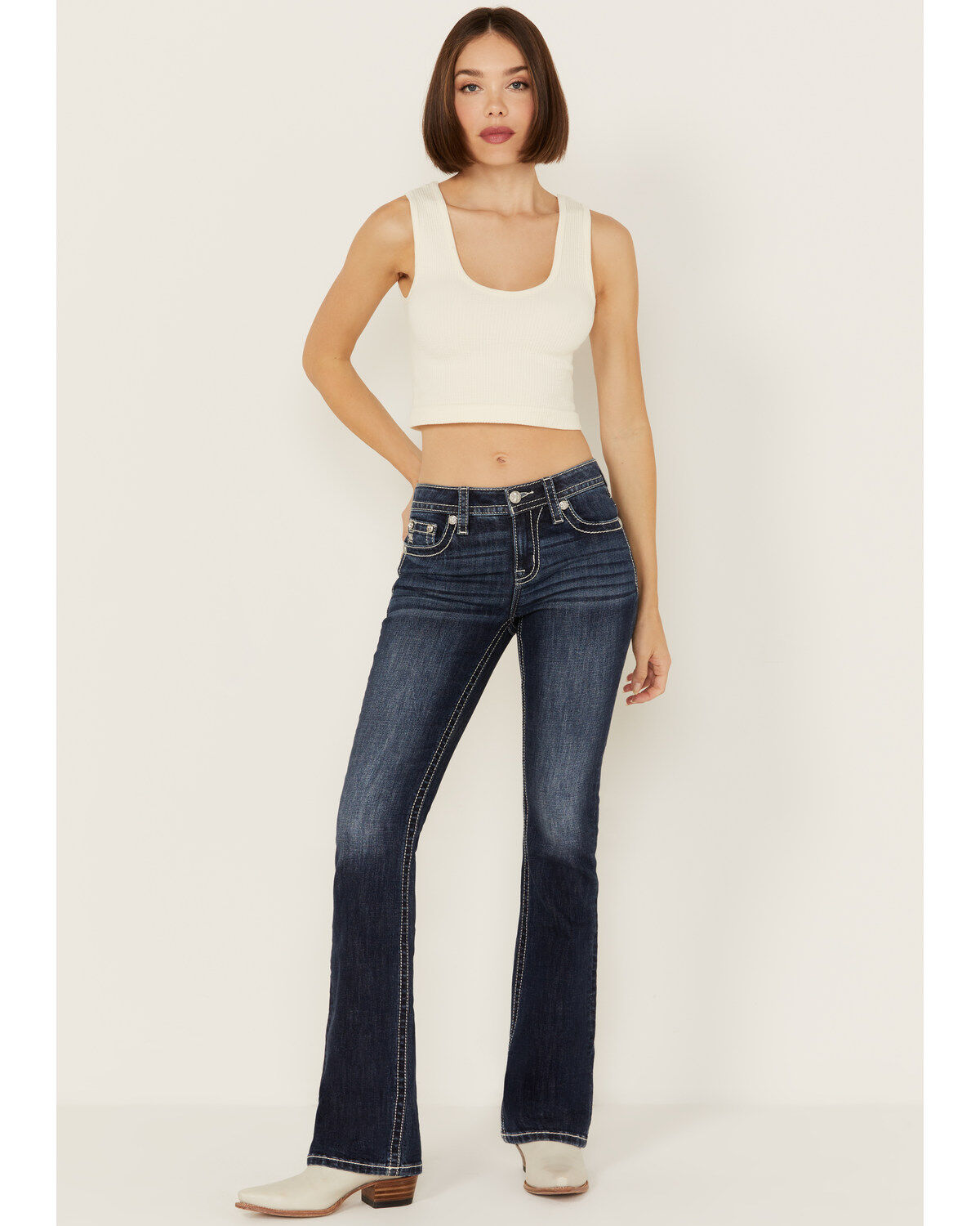 Miss Me Women's Dark Wash Mid Rise Patchwork Pocket Bootcut Stretch Denim Jeans