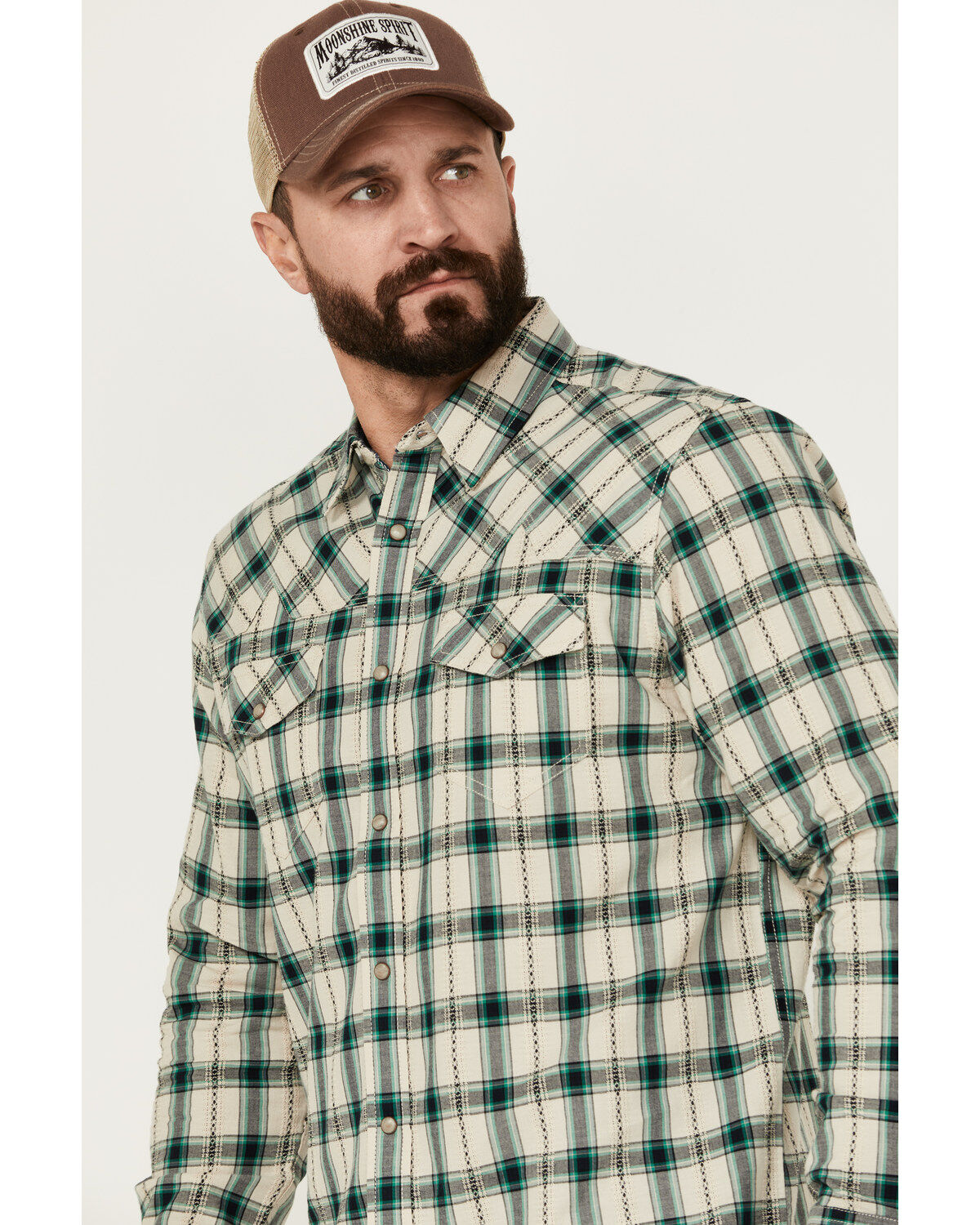 Moonshine Spirit Men's Last Call Dobby Plaid Print Long Sleeve Pearl Snap Western Shirt