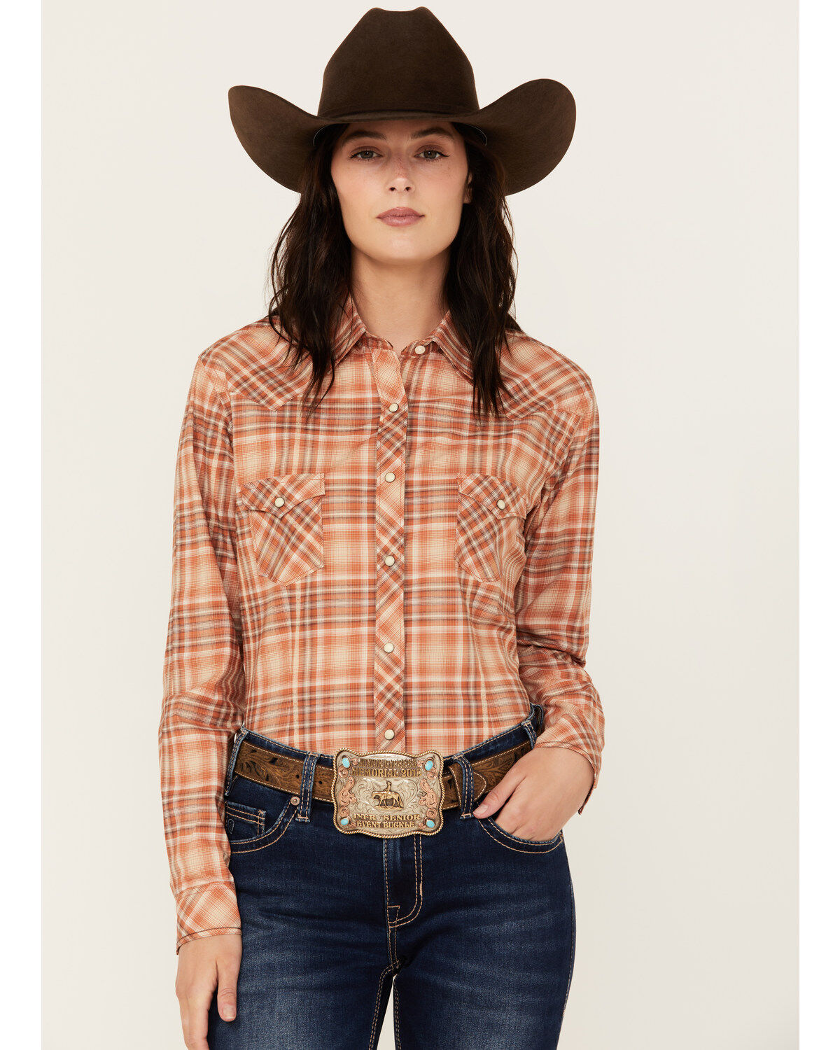 Rough Stock by Panhandle Women's Plaid Print Long Sleeve Snap Western Shirt