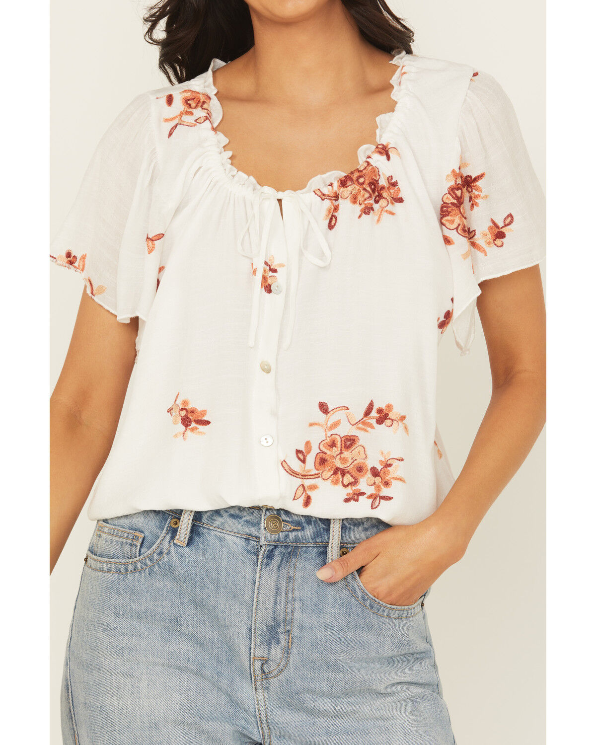 Wild Moss Women's Embroidered Tie-Front Top