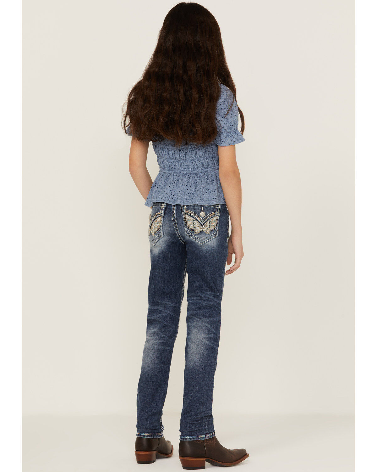 Miss Me Girls' Medium Wash Mid Rise Sequin Butterfly Skinny Jeans