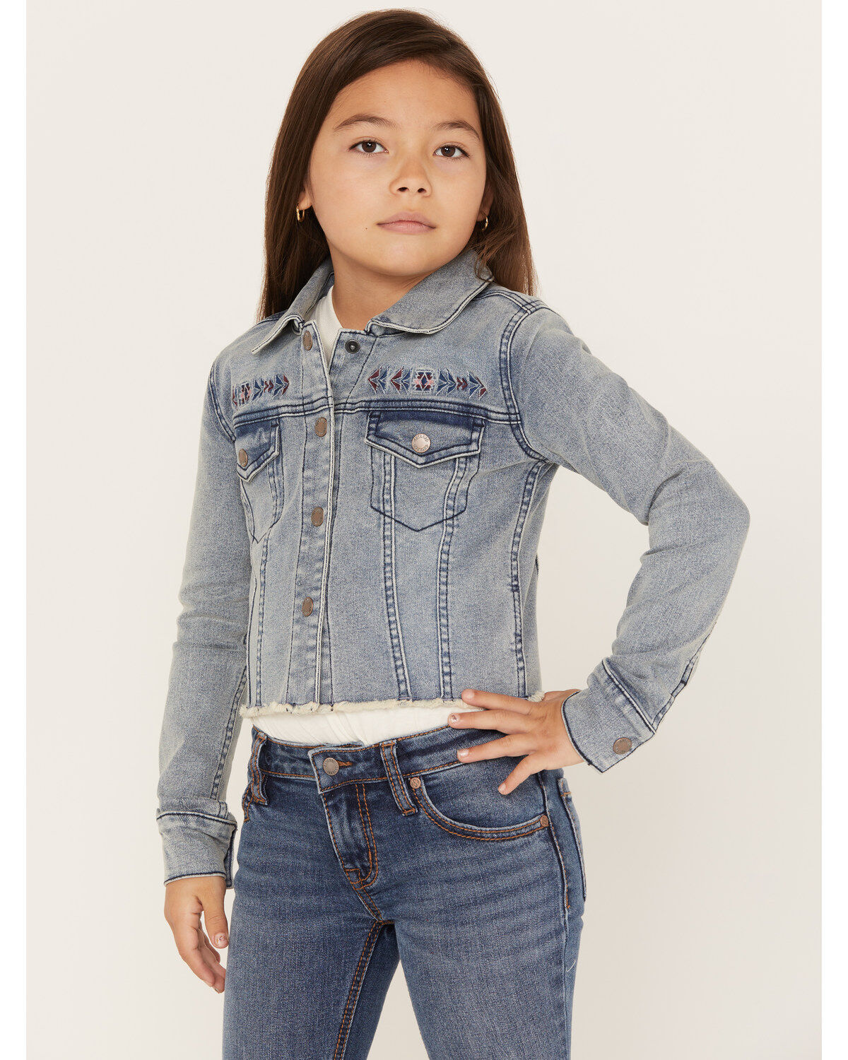 Shyanne Girls' Forks Light Wash Frayed Embroidered Denim Jacket
