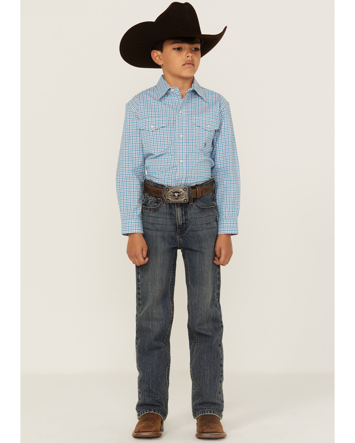 Roper Boys' Plaid Print Long Sleeve Pearl Snap Stretch Western Shirt