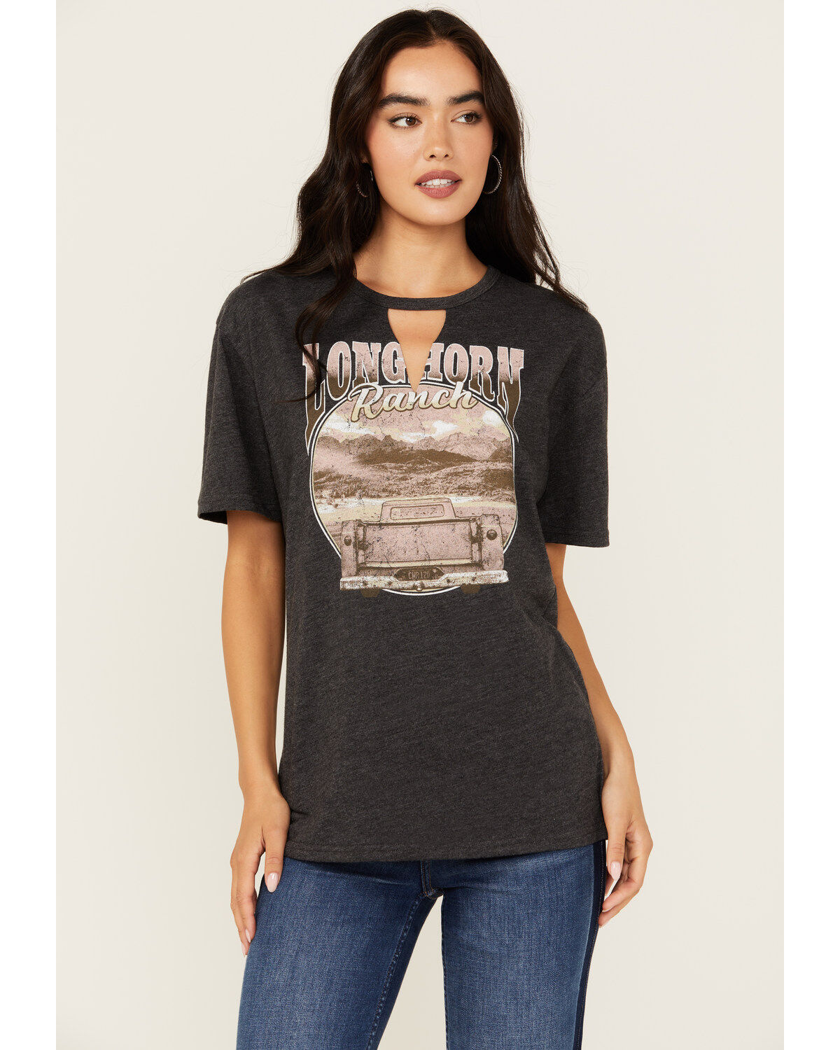 Youth in Revolt Women's Cutout Neck Long Horn Ranch Graphic Tee