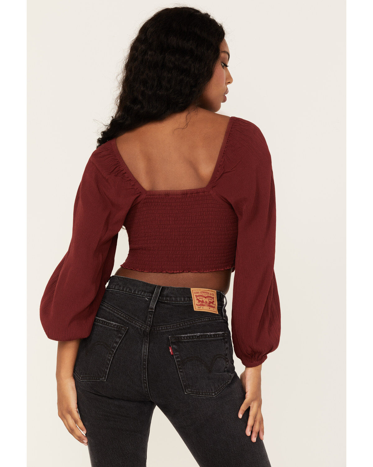 Shyanne Women's Embroidered Mesh Dot Poet Sleeve Crop Top