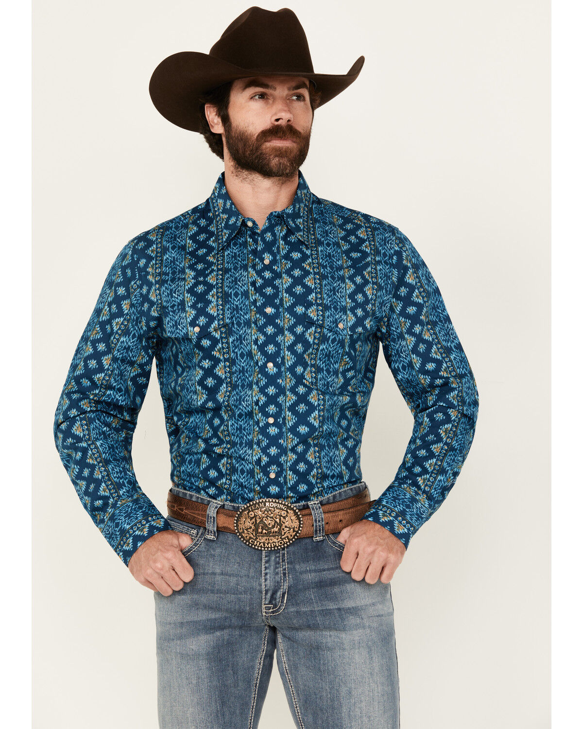 Wrangler Men's Checotah Southwestern Striped Long Sleeve Pearl Snap Western Shirt - Tall
