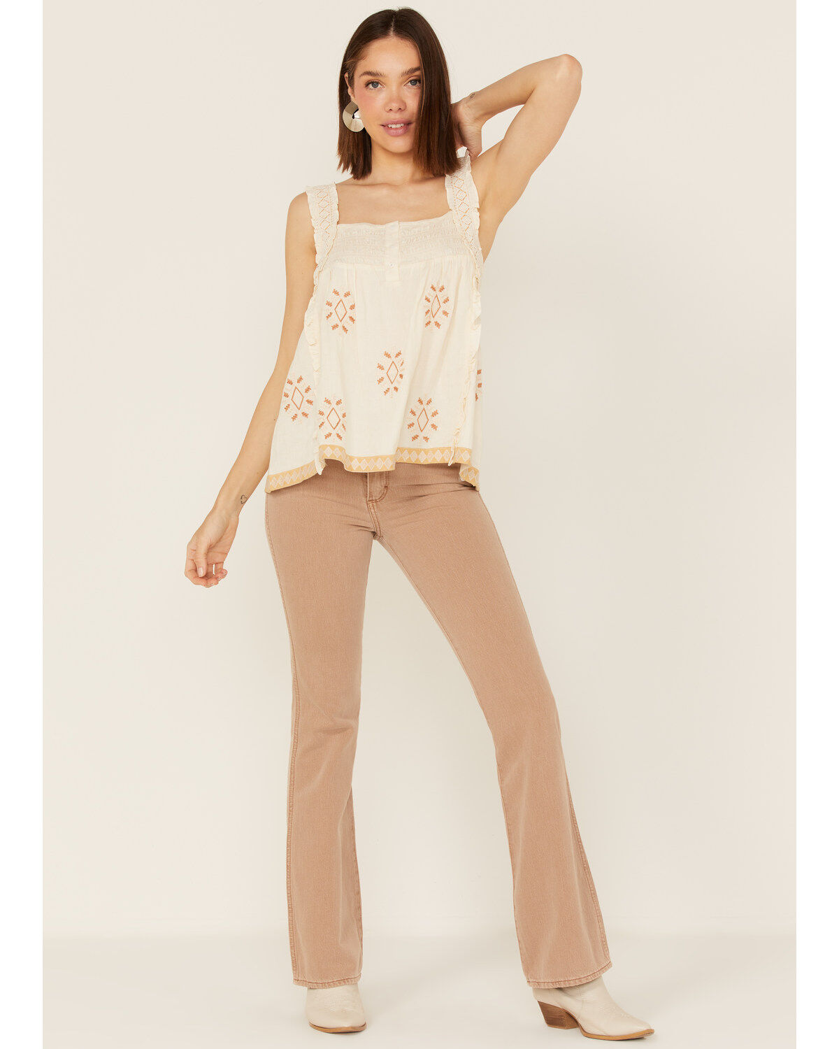 Miss Me Women's Southwestern Embroidered Ruffle Tank Top