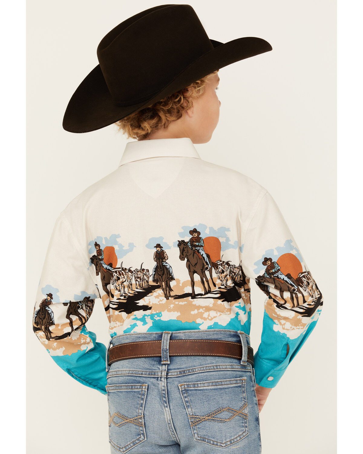 Panhandle Boys' Running Horse Border Print Long Sleeve Pearl Snap Western Shirt