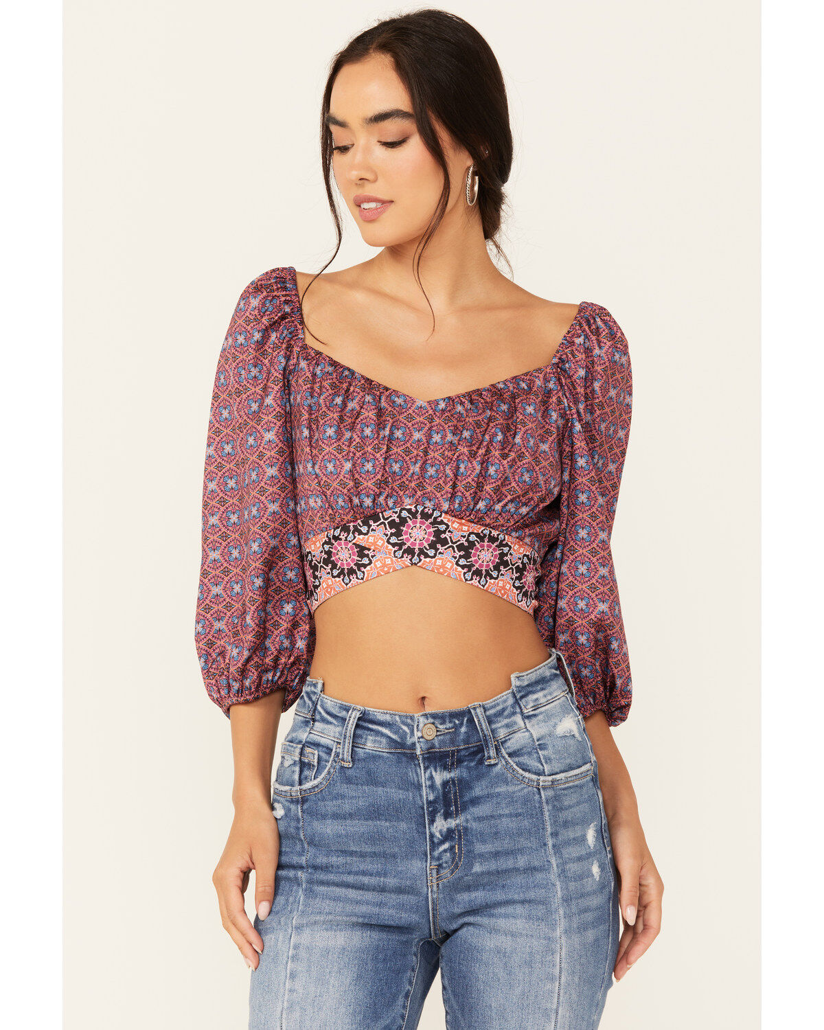 Beyond The Radar Women's Border Print Tie Back Top