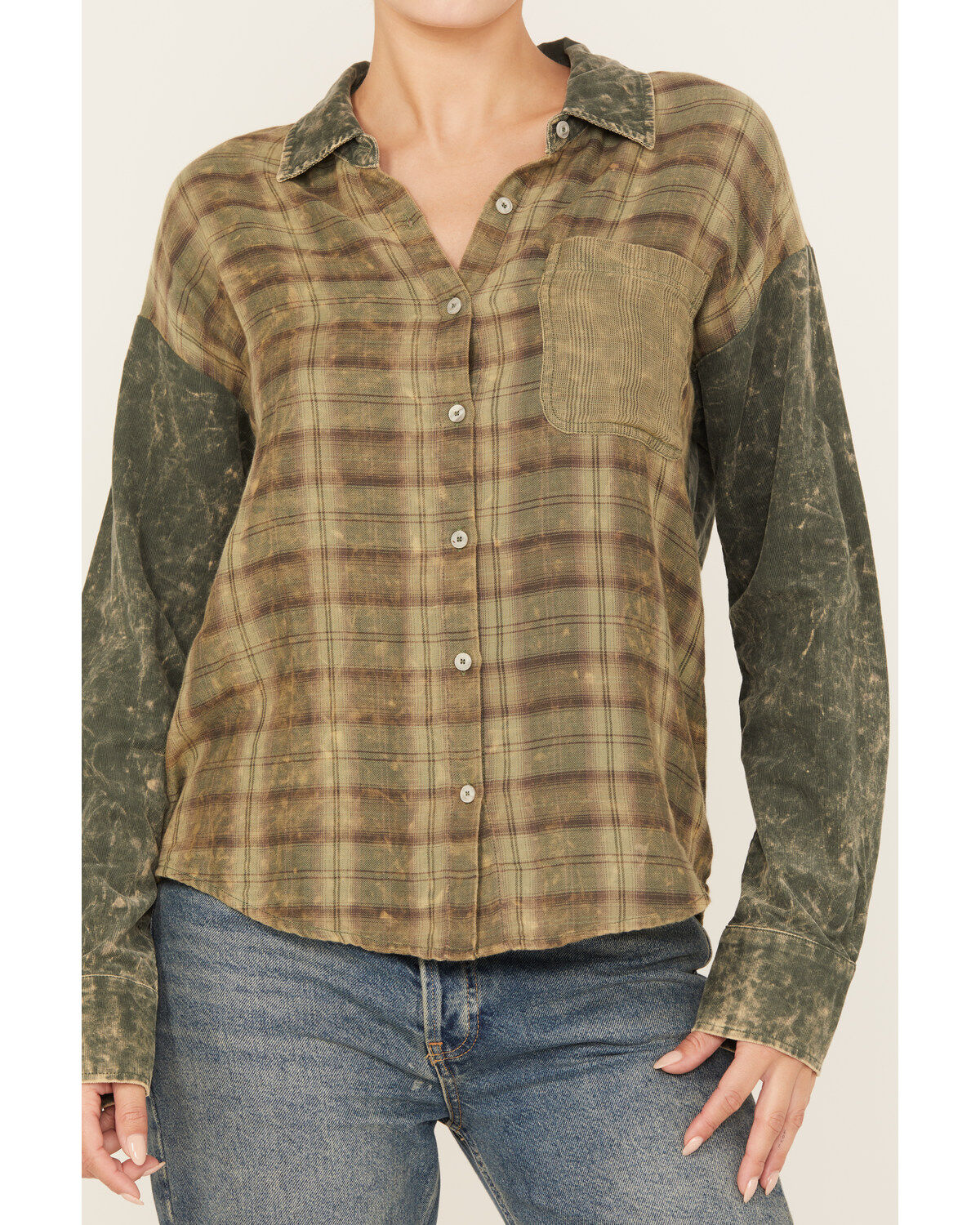 Mystree Women's Plaid Print Color Block Long Sleeve Button-Down Shirt