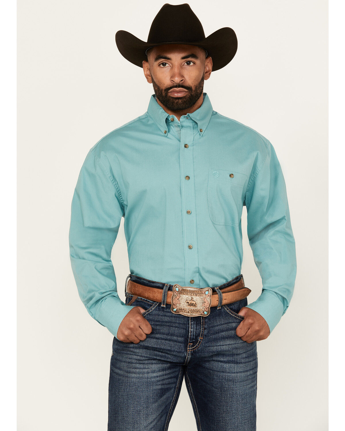 George Strait by Wrangler Men's Solid Long Sleeve Button-Down Stretch Western Shirt