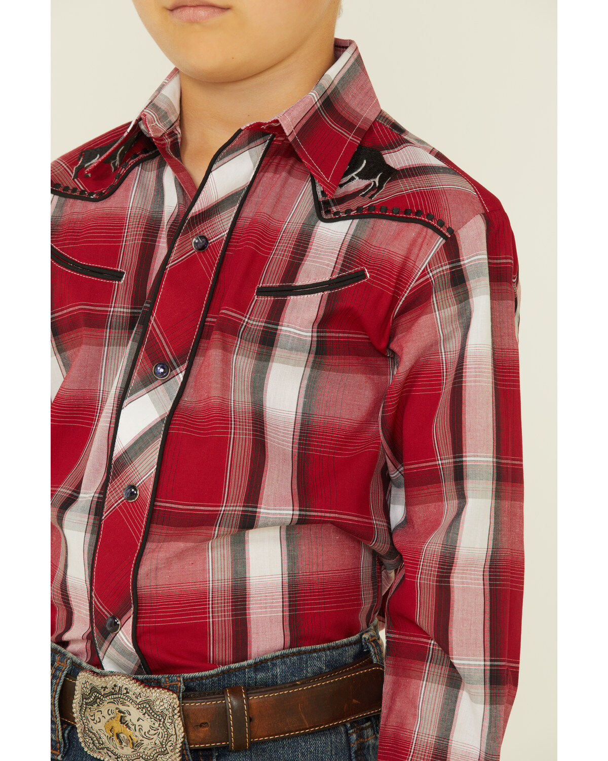 Roper Boys' Plaid Print Embroidered Bull Yoke Long Sleeve Snap Western Shirt