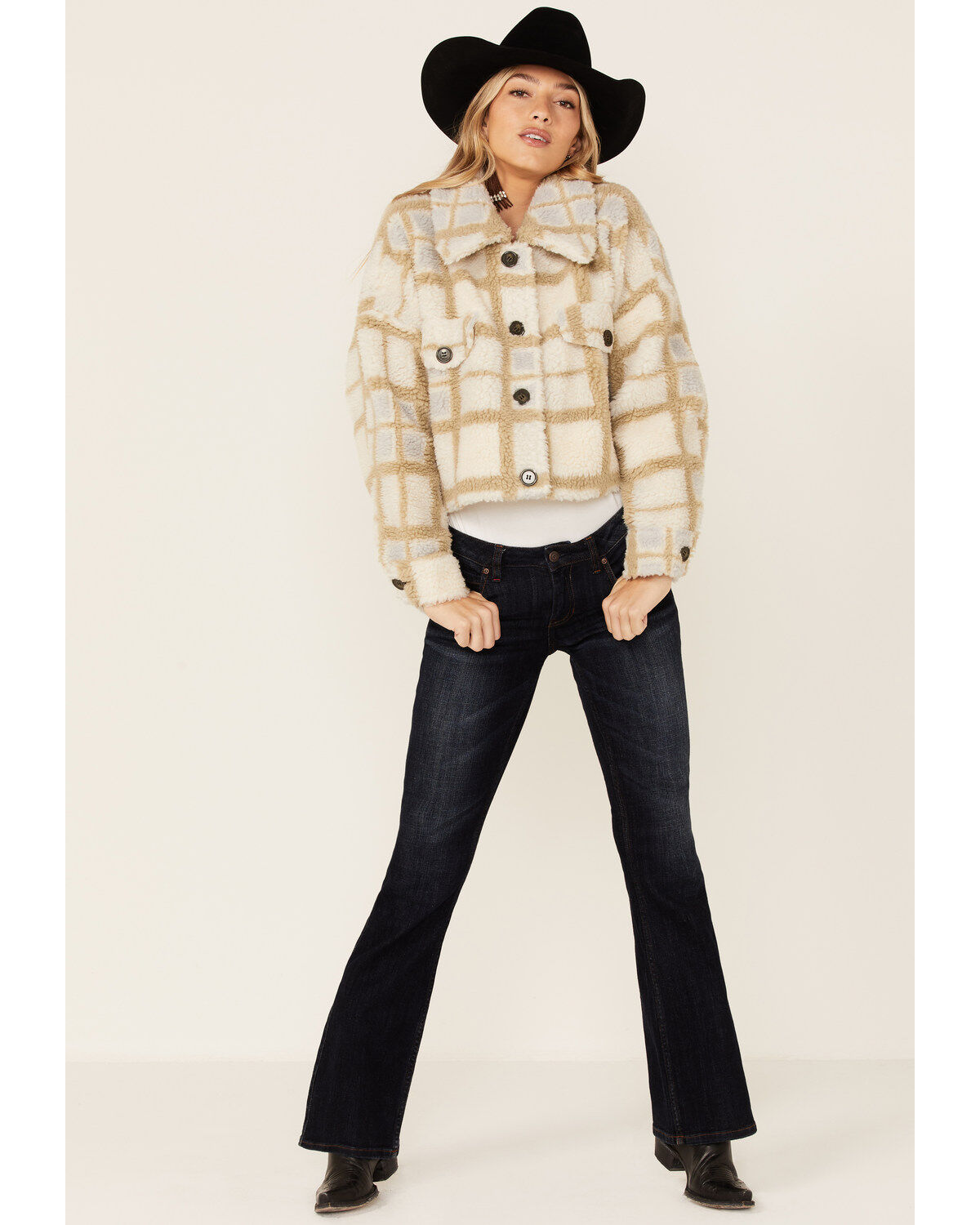 Vigoss Women's Ivory Grid Print Cropped Sherpa Jacket