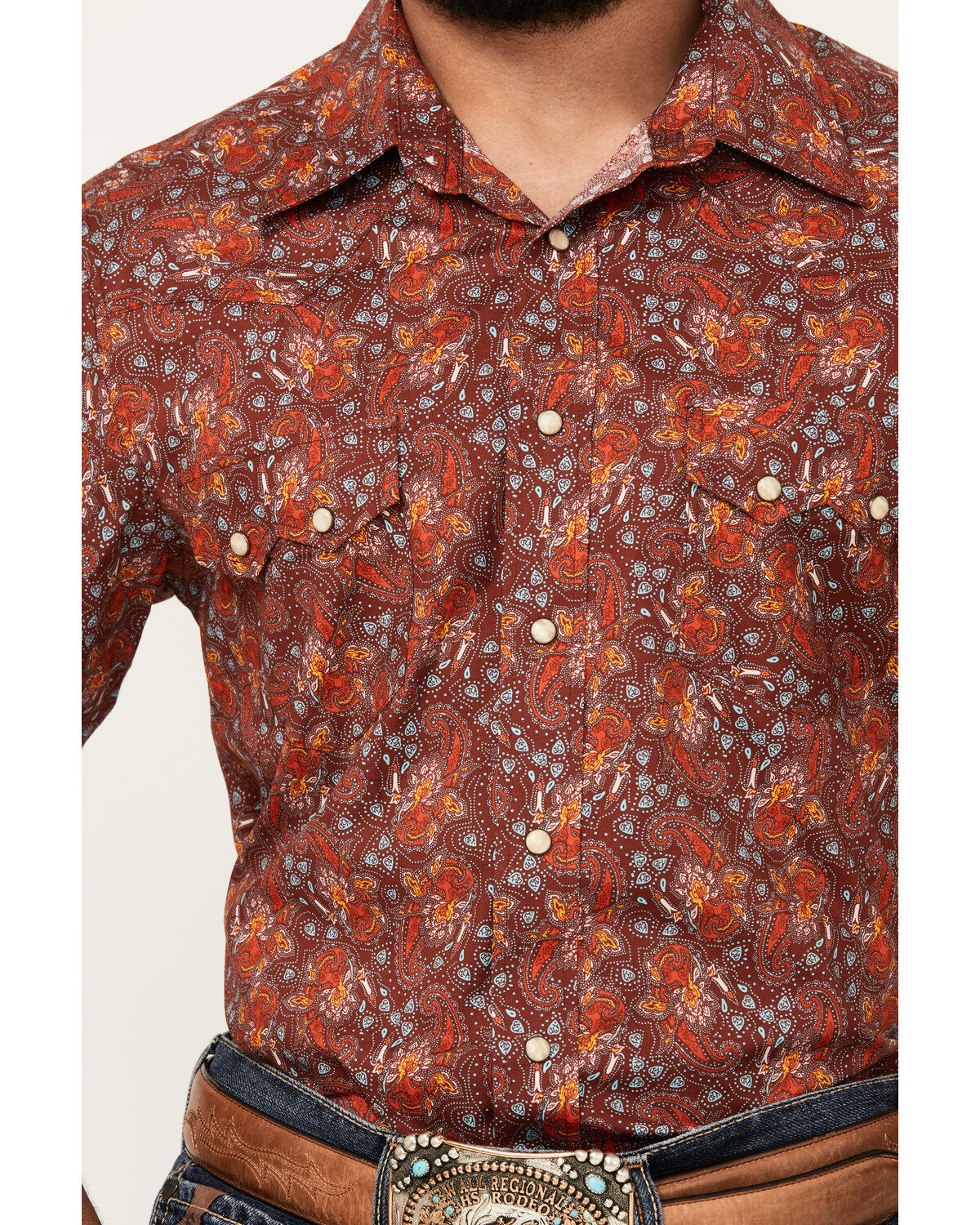 Rock & Roll Denim Men's Paisley Print Short Sleeve Snap Stretch Western Shirt