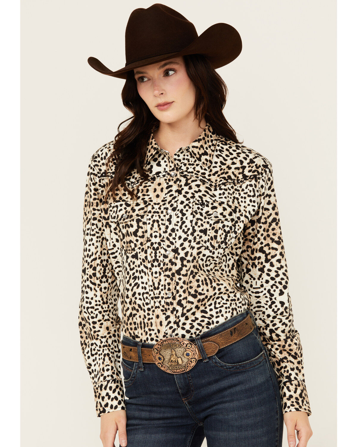 Cowgirl Hardware Women's Leopard Print Long Sleeve Snap Western Shirt