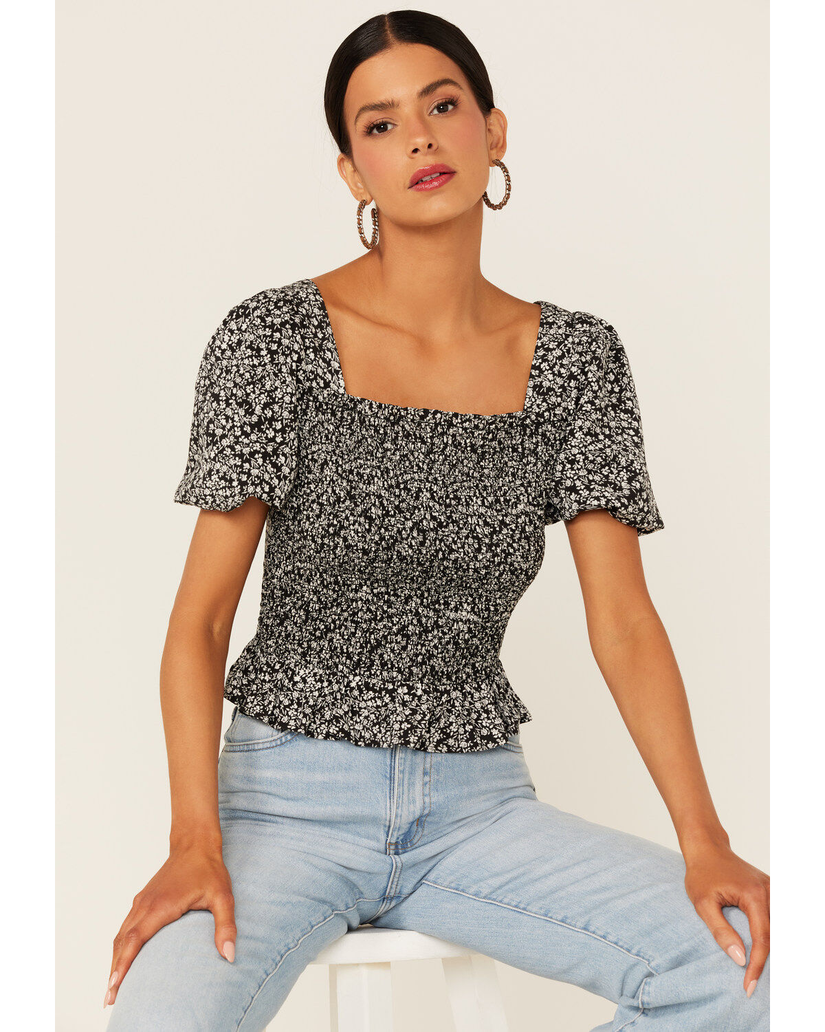 Beyond The Radar Women's Ditsy Floral Print Smocked Shirt
