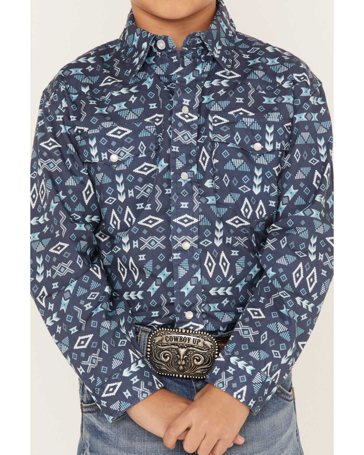 Roper Boys' West Made Southwestern Print Long Sleeve Western Pearl Snap Shirt