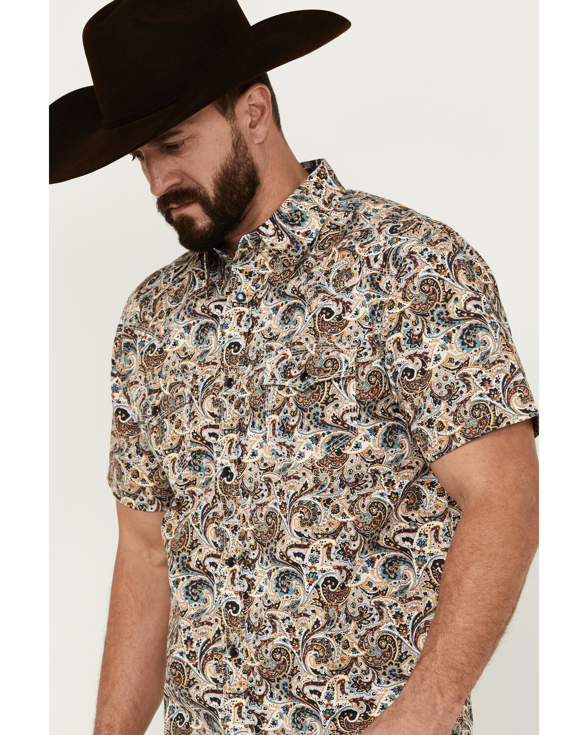 Moonshine Spirit Men's Sicilly Paisley Print Short Sleeve Snap Western Shirt