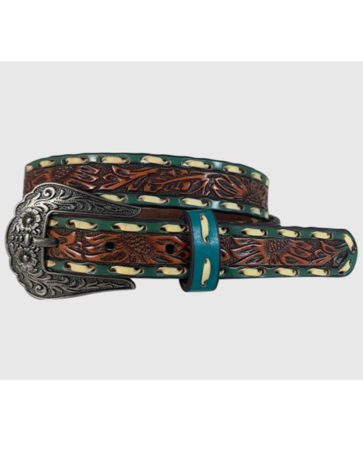 Lyntone Women's Brown & Turquoise Floral Tooled & Laced Leather Belt