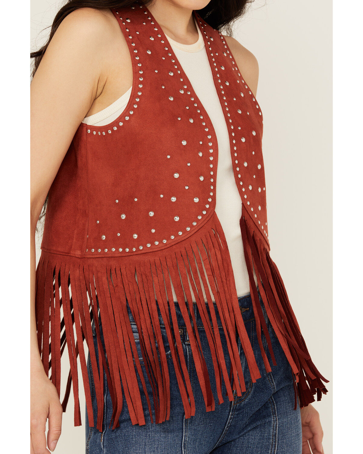 Rock & Roll Denim Women's Faux Suede Studded Fringe Vest