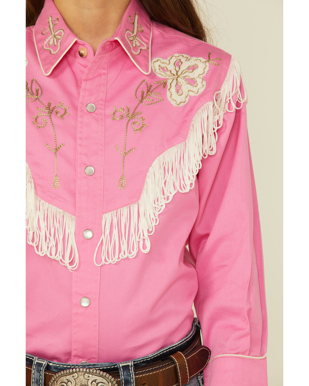 Rockmount Ranchwear Girls' Embroidered Vintage Fringe Long Sleeve Pearl Snap Western Shirt