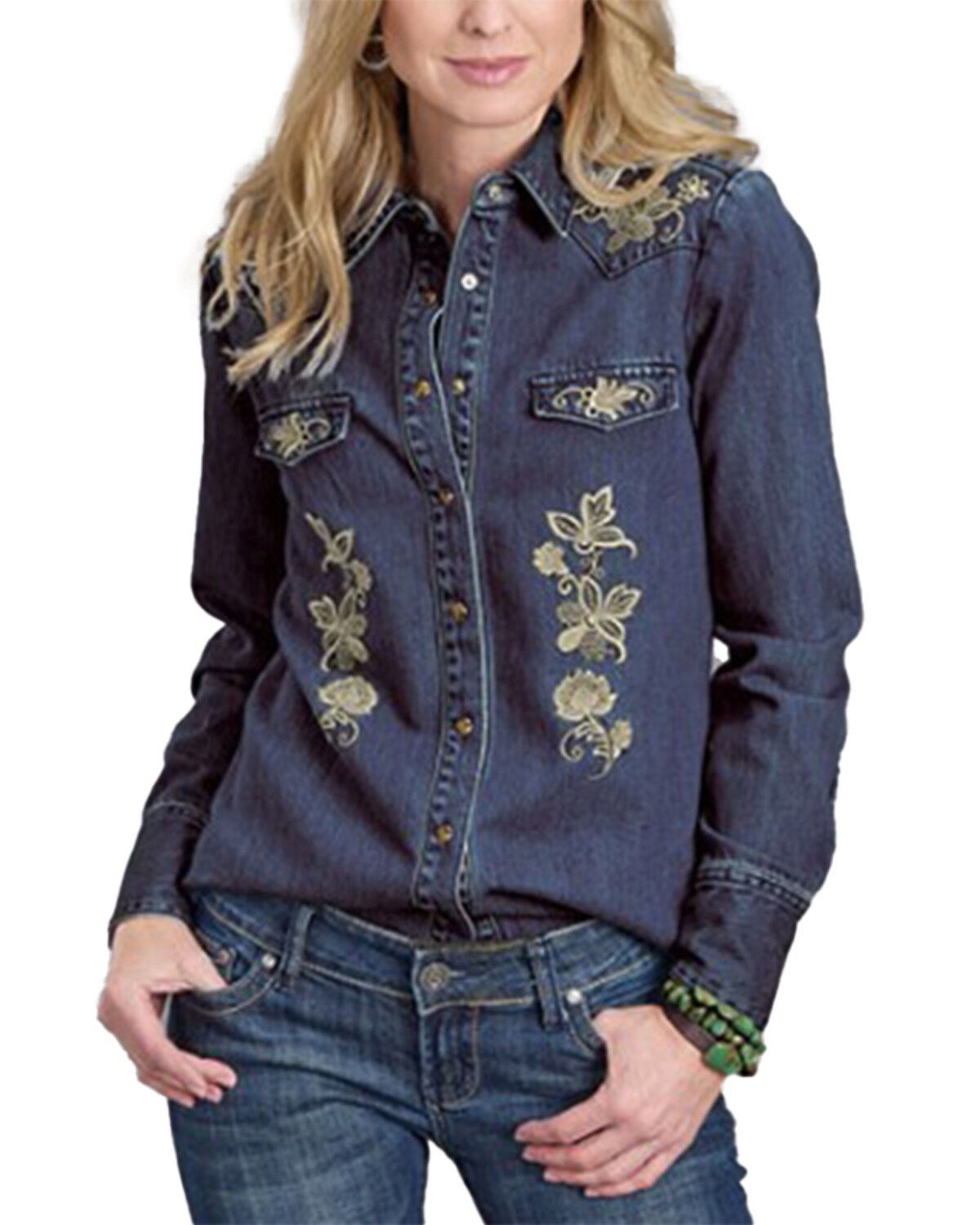 Stetson Women's Floral Embroidered Long Sleeve Snap Denim Shirt