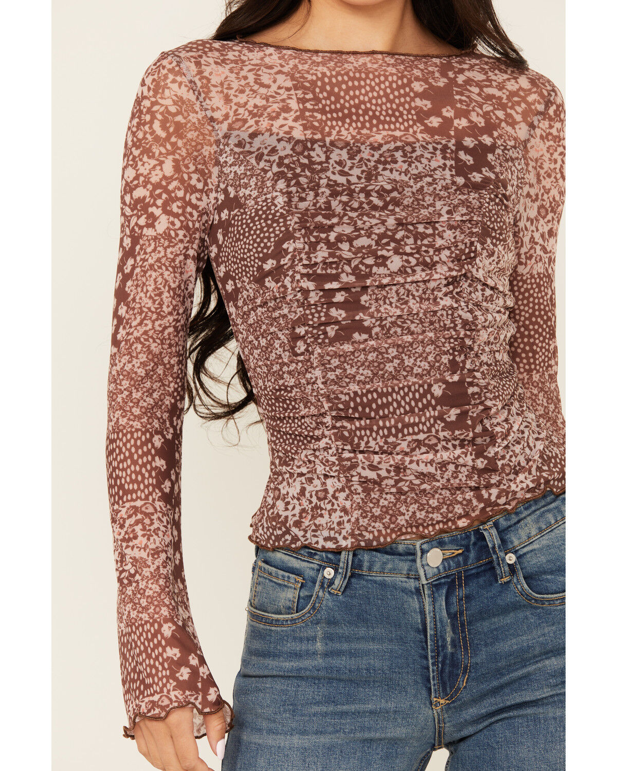 Trixxi Women's Floral Mesh Long Sleeve Seamed Top