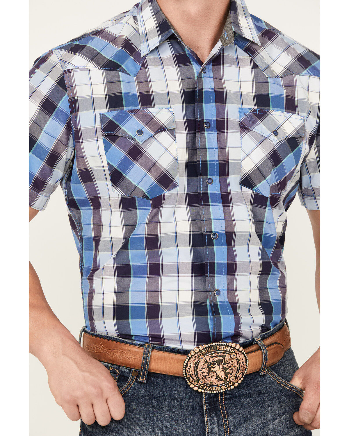 Rodeo Clothing Men's Plaid Print Short Sleeve Snap Western Shirt