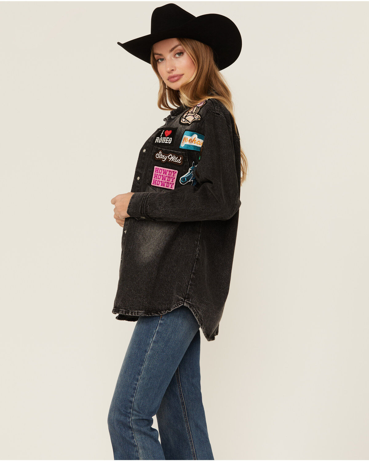 Blue B Women's Dark Wash Western Patchwork Snap Shacket