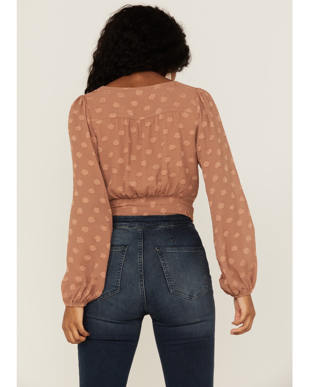 Lush Women's Tie Front Textured Dot Long Sleeve Blouse